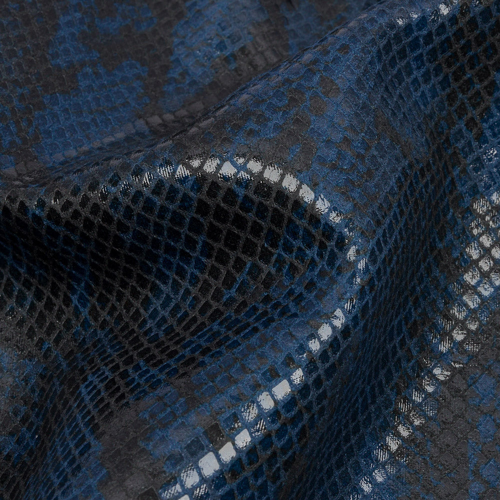 Blue and Charcoal Snakeskin Stretch Faux Leather with Ivory Viscose Jersey Backing Detail