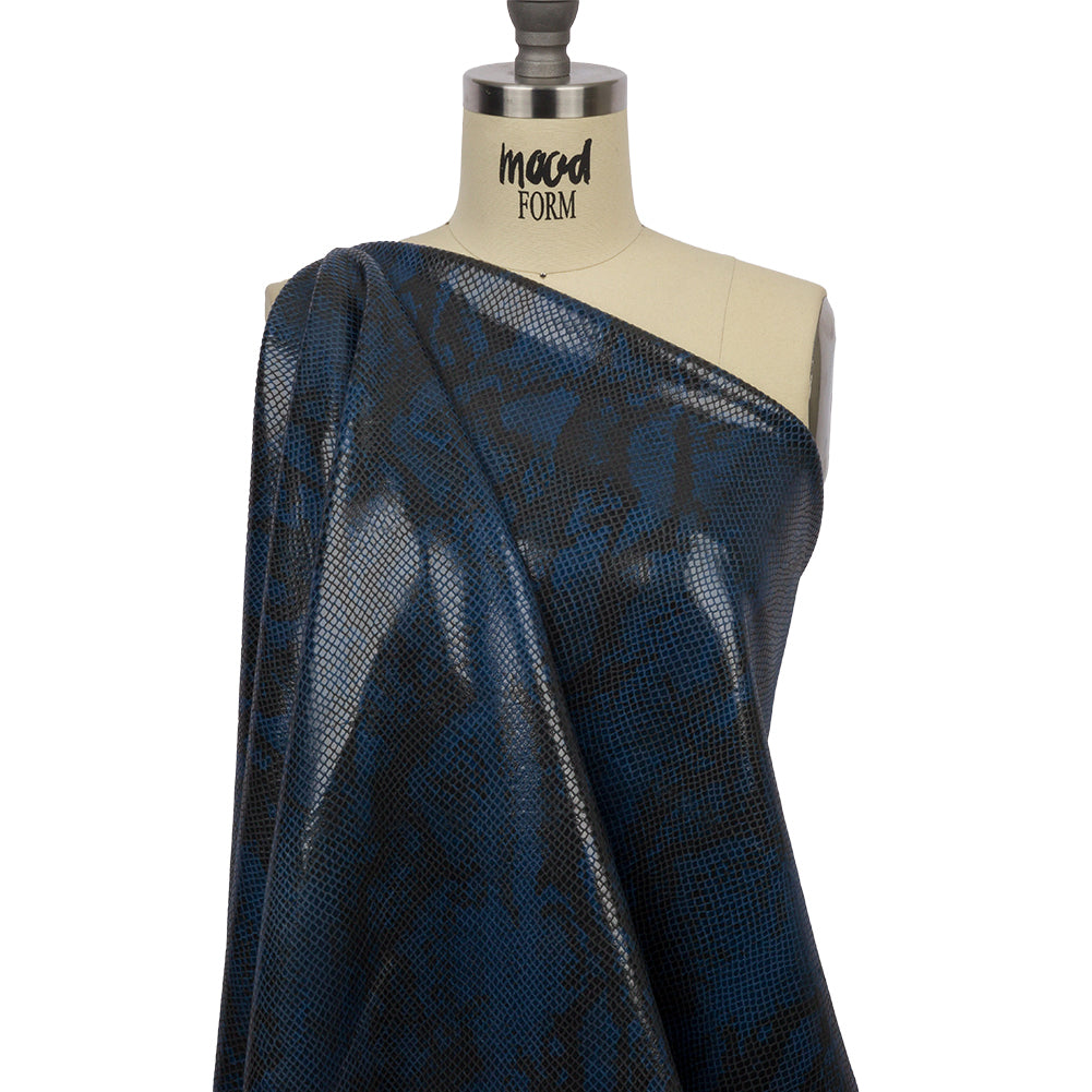 Blue and Charcoal Snakeskin Stretch Faux Leather with Ivory Viscose Jersey Backing Drape