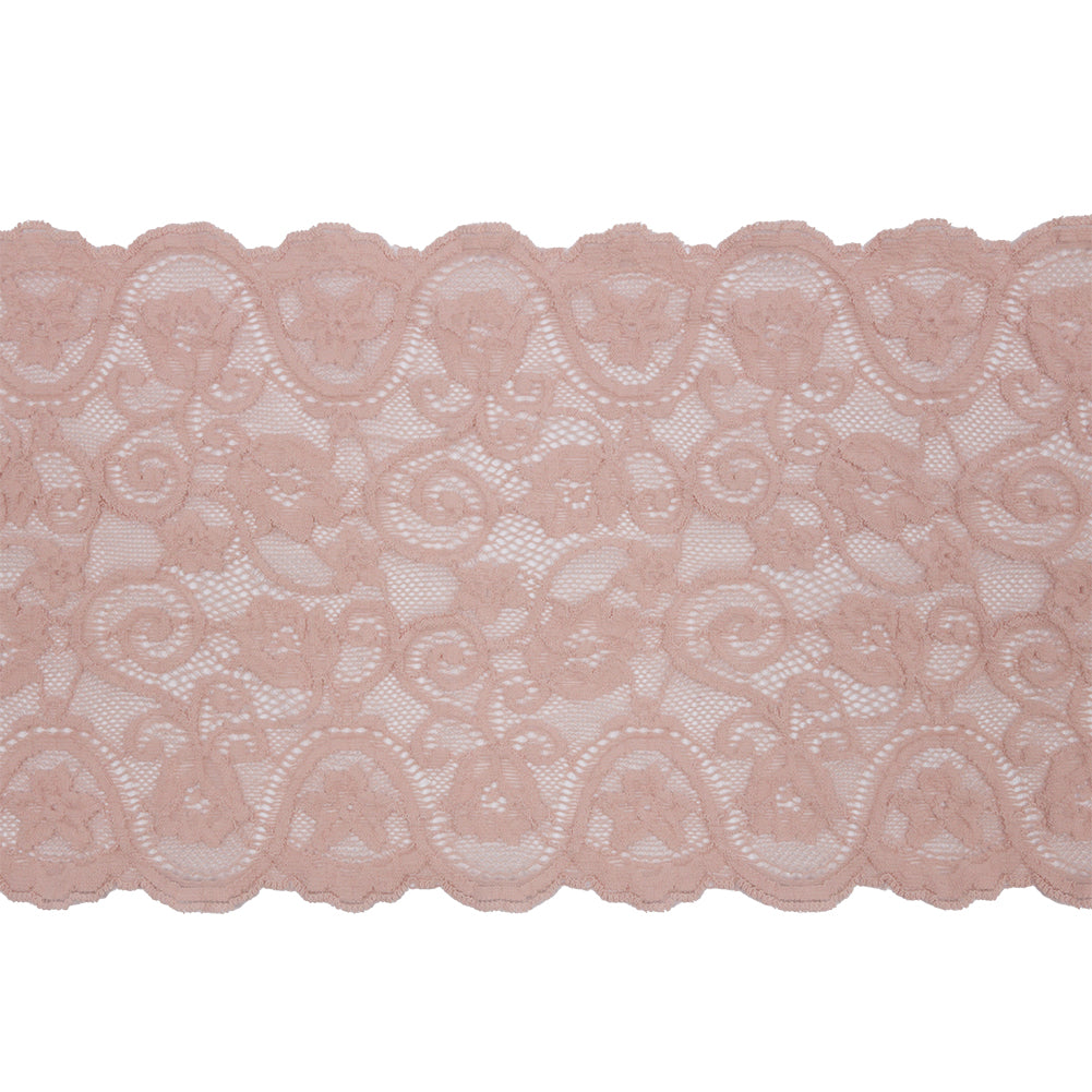 Blush Floral Scrolls Stretch Lace Trim with Scalloped Edges - 6.25"