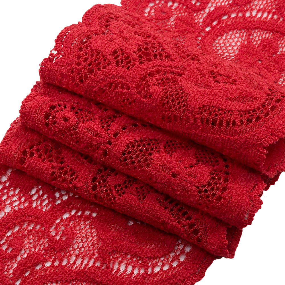 Scarlet Floral Waves Stretch Lace Trim with Scalloped Edges - 2.875" Folded