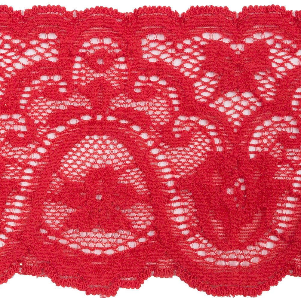 Scarlet Floral Waves Stretch Lace Trim with Scalloped Edges - 2.875" Detail