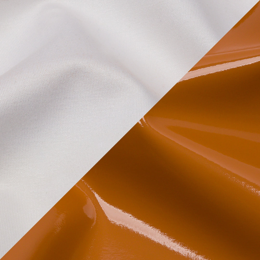Tan Stretch Faux Patent Leather with White Viscose Jersey Backing Detail
