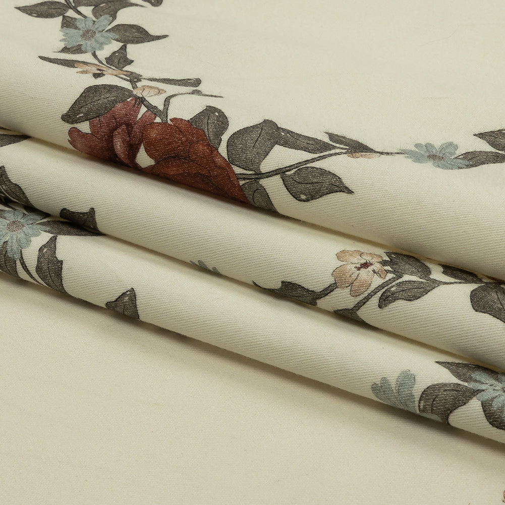 Brushed Stretch Cotton Twill Print - Cream, Green and Red Floral Lattice - Mood Exclusive Rose Above Folded
