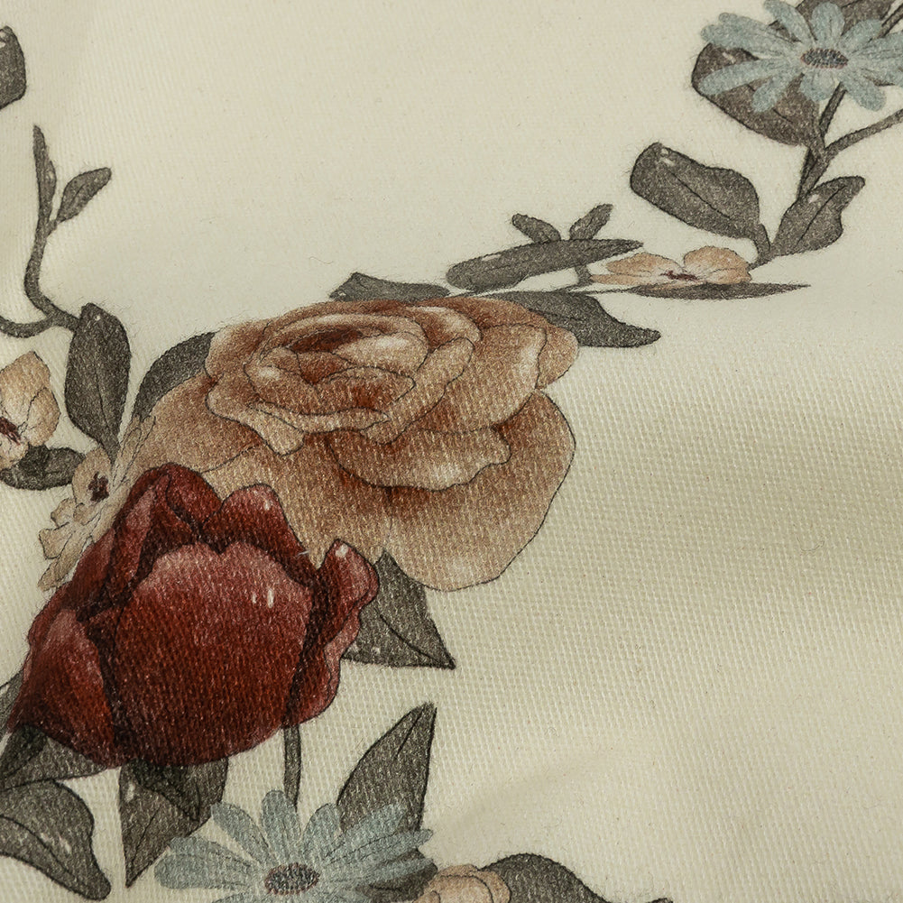 Brushed Stretch Cotton Twill Print - Cream, Green and Red Floral Lattice - Mood Exclusive Rose Above Detail