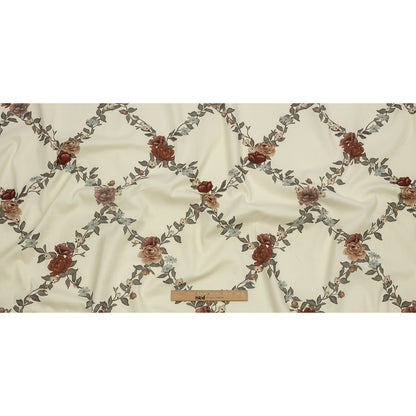 Brushed Stretch Cotton Twill Print - Cream, Green and Red Floral Lattice - Mood Exclusive Rose Above Full