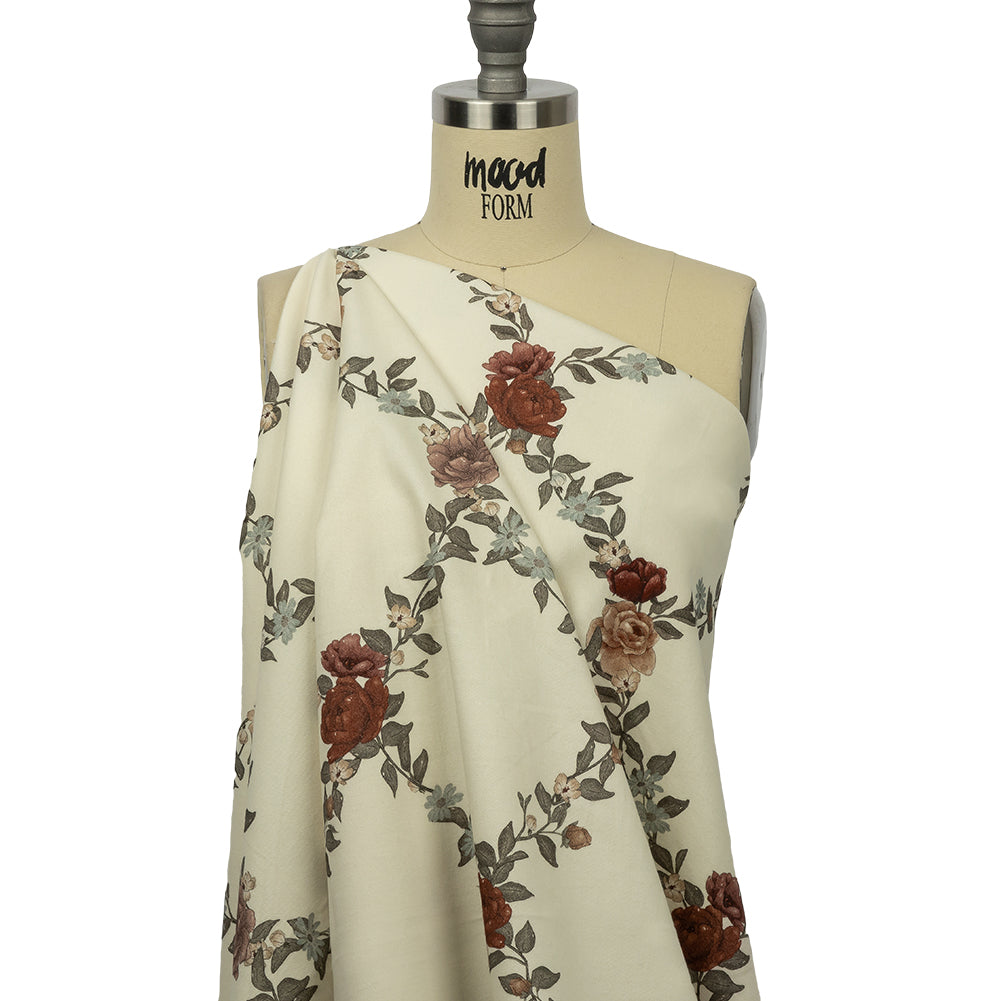 Brushed Stretch Cotton Twill Print - Cream, Green and Red Floral Lattice - Mood Exclusive Rose Above Drape