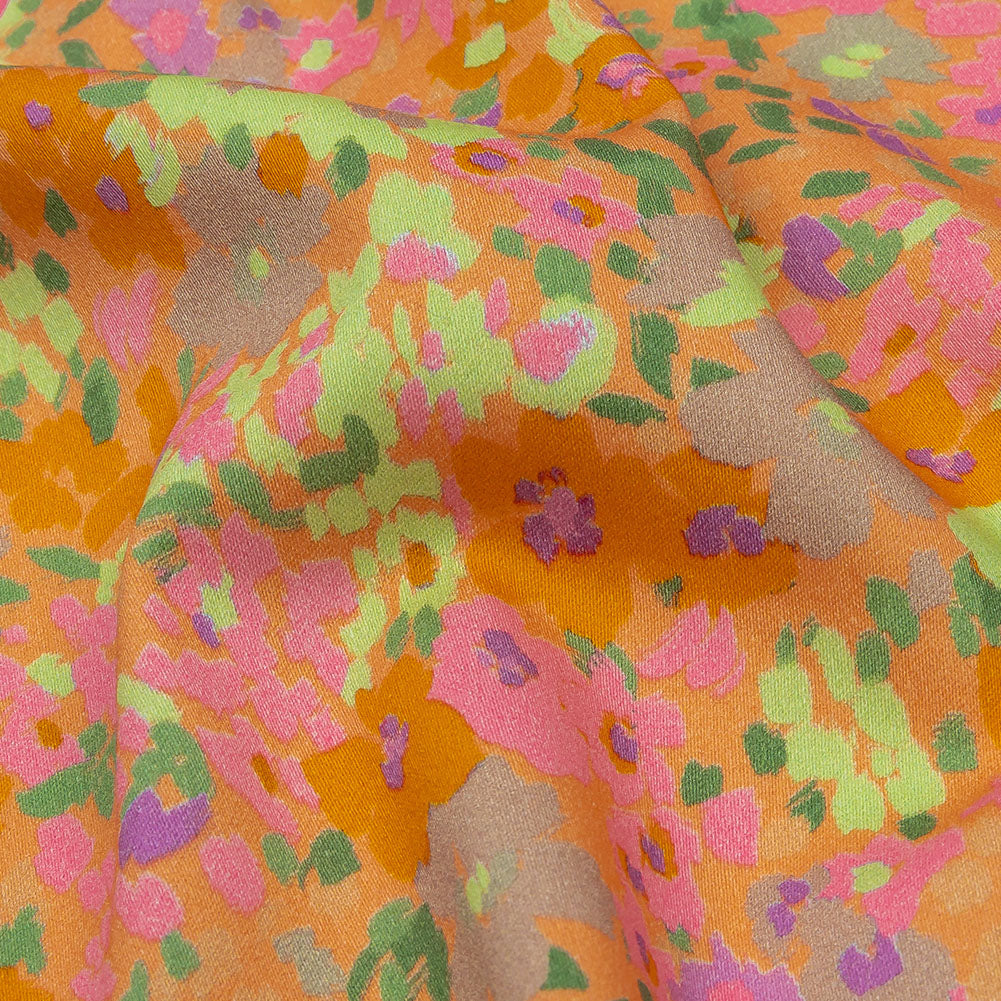 Stretch Cotton and Viscose Sateen Print - Pink and Orange Floral - Mood Exclusive Sunburst - Detail