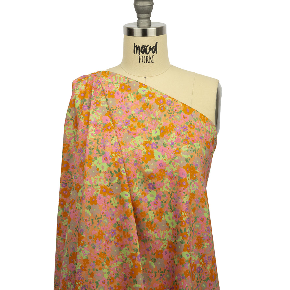 Stretch Cotton and Viscose Sateen Print - Pink and Orange Floral - Mood Exclusive Sunburst - Drape