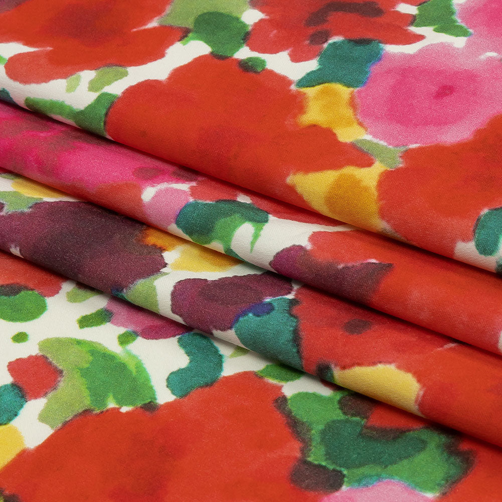 Stretch Cotton and Viscose Sateen Print - Red, Yellow and Green Painterly Floral - Mood Exclusive Spring Afternoon - Folded
