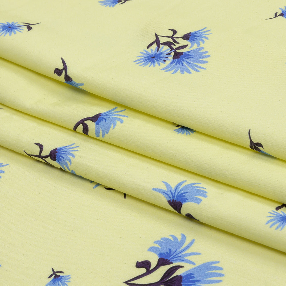 Stretch Cotton and Viscose Sateen Print - Pale Yellow and Blue Floral - Mood Exclusive Daisy Dance - Folded