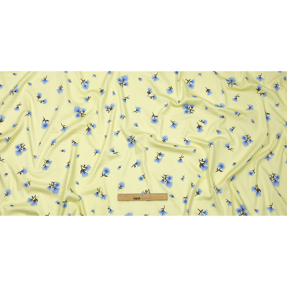 Stretch Cotton and Viscose Sateen Print - Pale Yellow and Blue Floral - Mood Exclusive Daisy Dance - Full