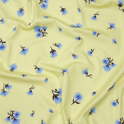 Stretch Cotton and Viscose Sateen Print - Pale Yellow and Blue Floral - Mood Exclusive Daisy Dance
