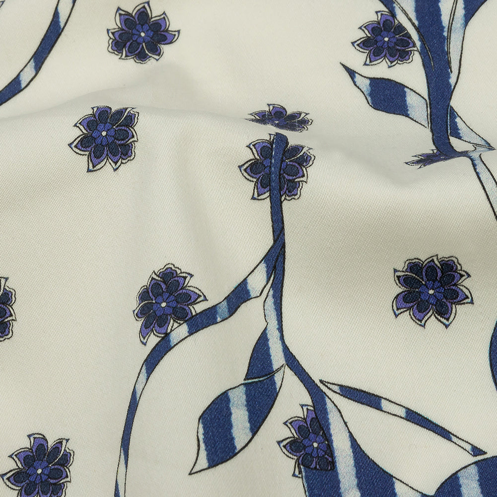 Stretch Cotton and Viscose Sateen Print - Blue and Cream Striped Flowers - Mood Exclusive Drip Drip Drop