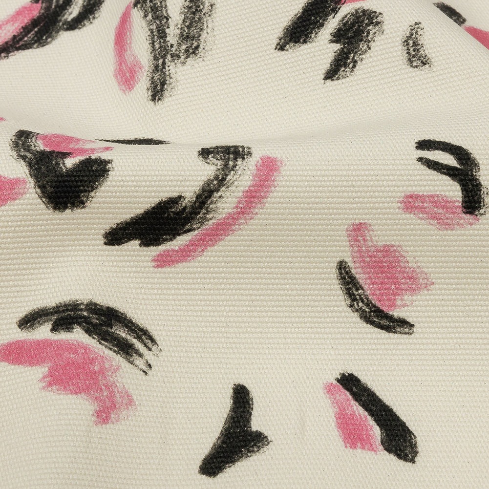Stretch Cotton Canvas Print - White, Black and Pink Abstract Marks - Mood Exclusive Kindergarten Couture - Detail