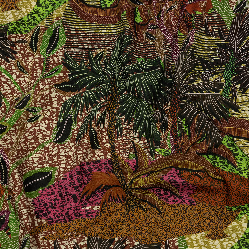 Stretch Cotton Twill Print - Brown and Green Textural Palm Trees - Mood Exclusive Island Energy