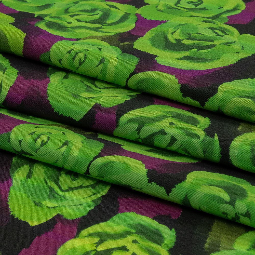 Cotton Poplin Print - Lime Green and Purple Roses - Mood Exclusive Ghost of a Rose Folded