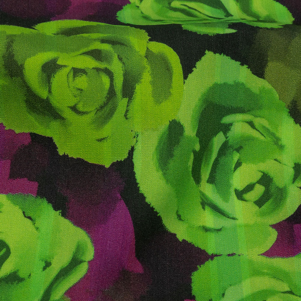 Cotton Poplin Print - Lime Green and Purple Roses - Mood Exclusive Ghost of a Rose Detail