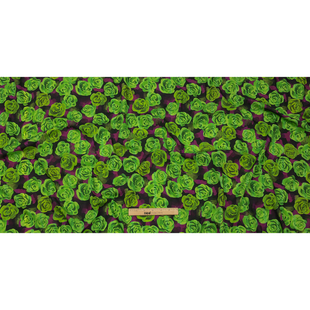 Cotton Poplin Print - Lime Green and Purple Roses - Mood Exclusive Ghost of a Rose Full