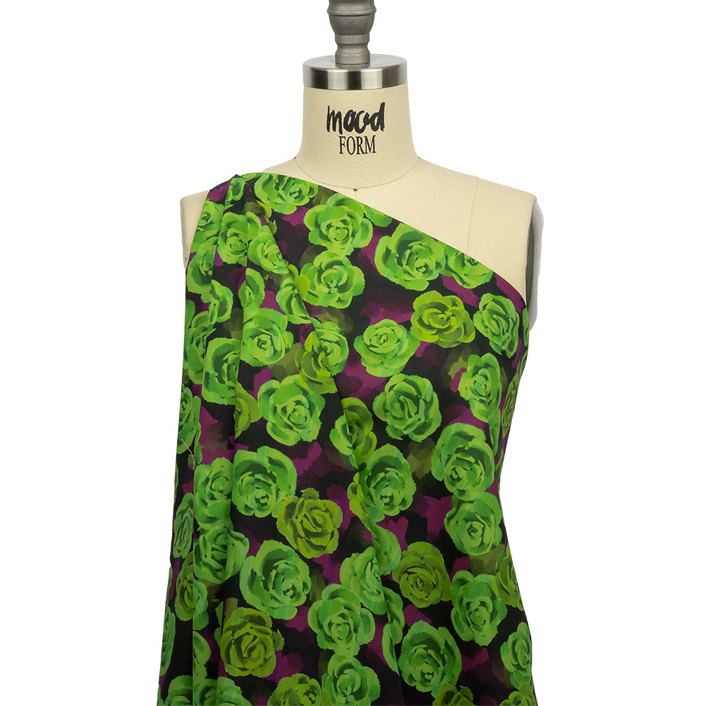 Cotton Poplin Print - Lime Green and Purple Roses - Mood Exclusive Ghost of a Rose Drape