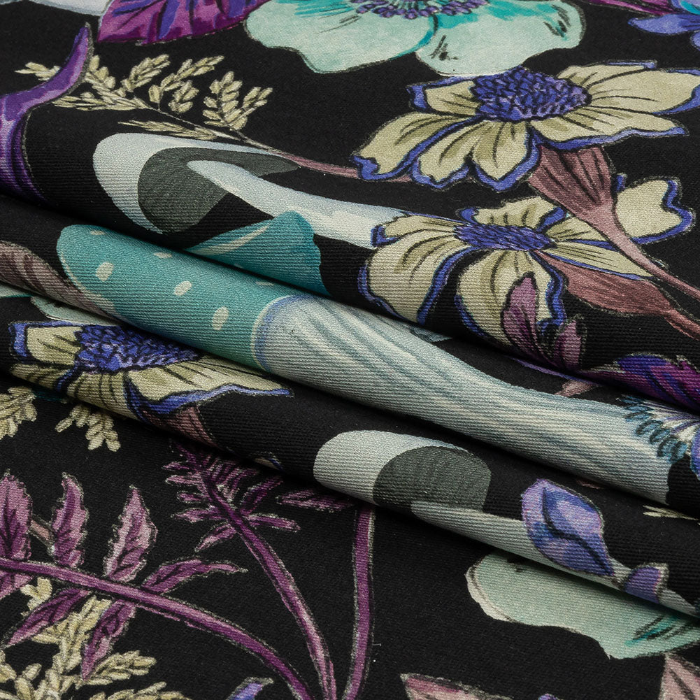 Stretch Cotton Twill Print - Midnight, Blue and Purple Mushrooms and Flowers - Mood Exclusive Mycelium Mystique