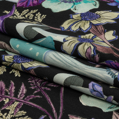 Stretch Cotton Twill Print - Midnight, Blue and Purple Mushrooms and Flowers - Mood Exclusive Mycelium Mystique