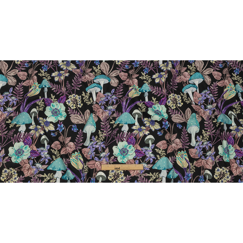 Stretch Cotton Twill Print - Midnight, Blue and Purple Mushrooms and Flowers - Mood Exclusive Mycelium Mystique