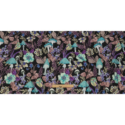 Stretch Cotton Twill Print - Midnight, Blue and Purple Mushrooms and Flowers - Mood Exclusive Mycelium Mystique
