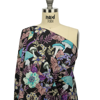 Stretch Cotton Twill Print - Midnight, Blue and Purple Mushrooms and Flowers - Mood Exclusive Mycelium Mystique
