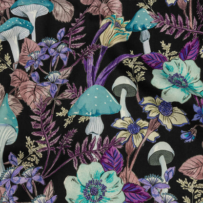Stretch Cotton Twill Print - Midnight, Blue and Purple Mushrooms and Flowers - Mood Exclusive Mycelium Mystique