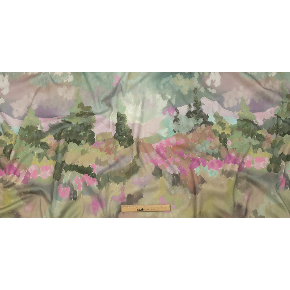 Stretch Cotton Twill Panel - Green and Pink Impressionist Landscape - Mood Exclusive Rainy Day - Full