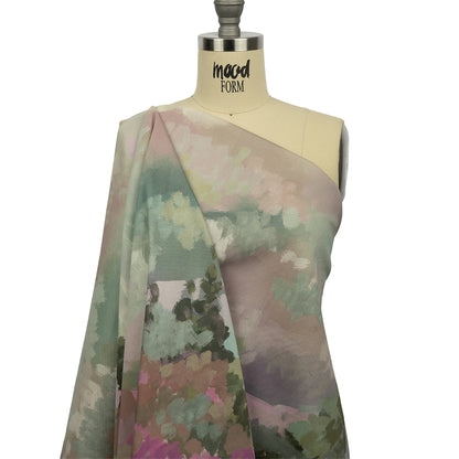 Stretch Cotton Twill Panel - Green and Pink Impressionist Landscape - Mood Exclusive Rainy Day