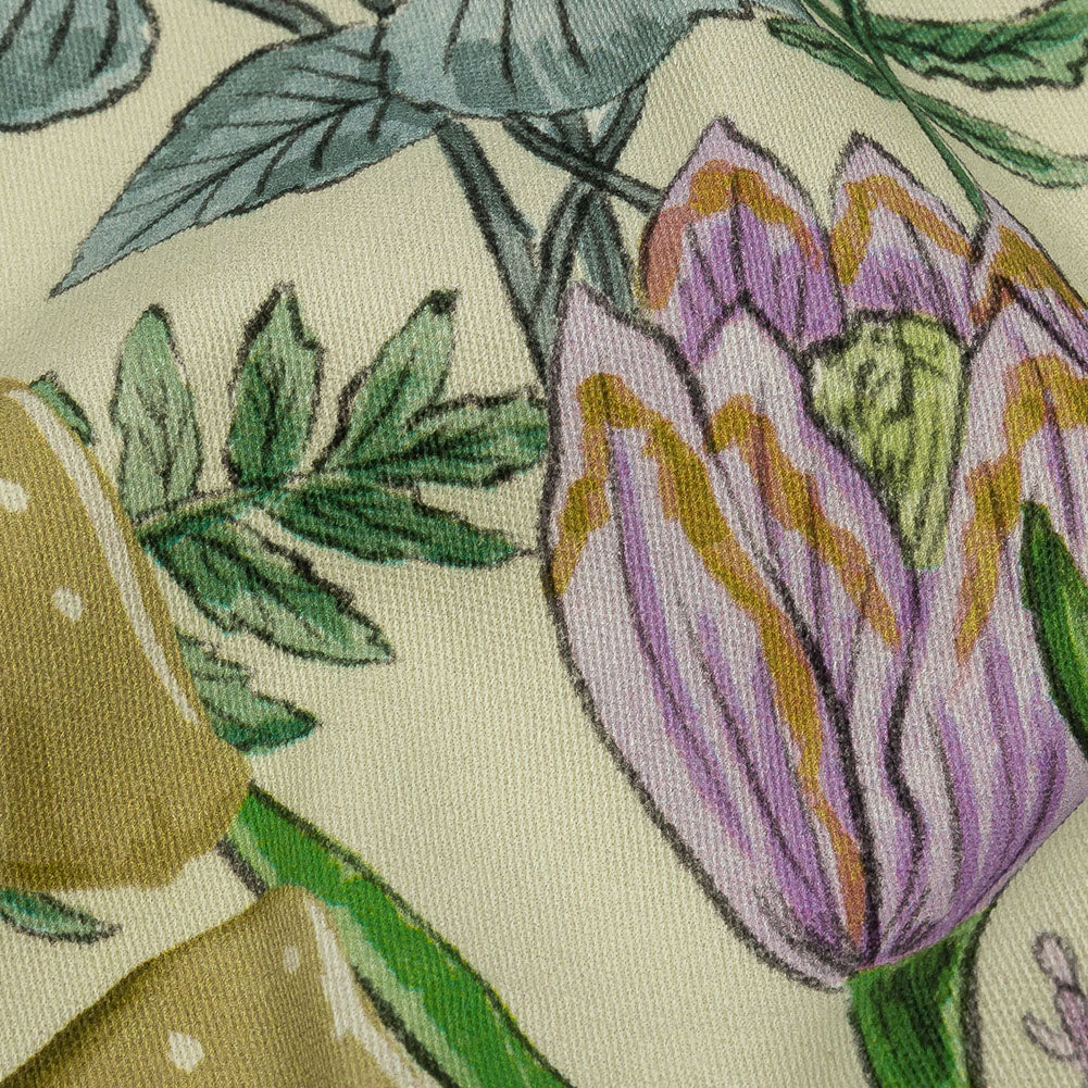 Stretch Cotton Twill Print - Cream. Green and Blue Mushrooms and Flowers - Mood Exclusive Mycelium Mystique