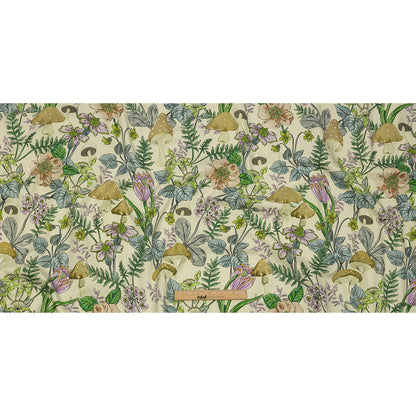 Stretch Cotton Twill Print - Cream. Green and Blue Mushrooms and Flowers - Mood Exclusive Mycelium Mystique
