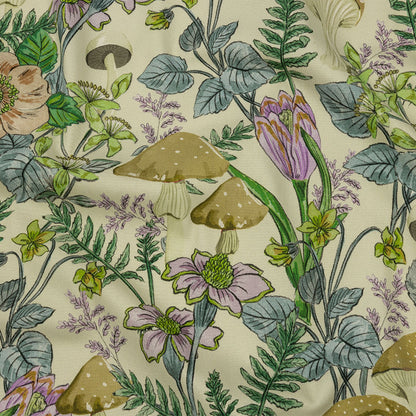 Stretch Cotton Twill Print - Cream. Green and Blue Mushrooms and Flowers - Mood Exclusive Mycelium Mystique