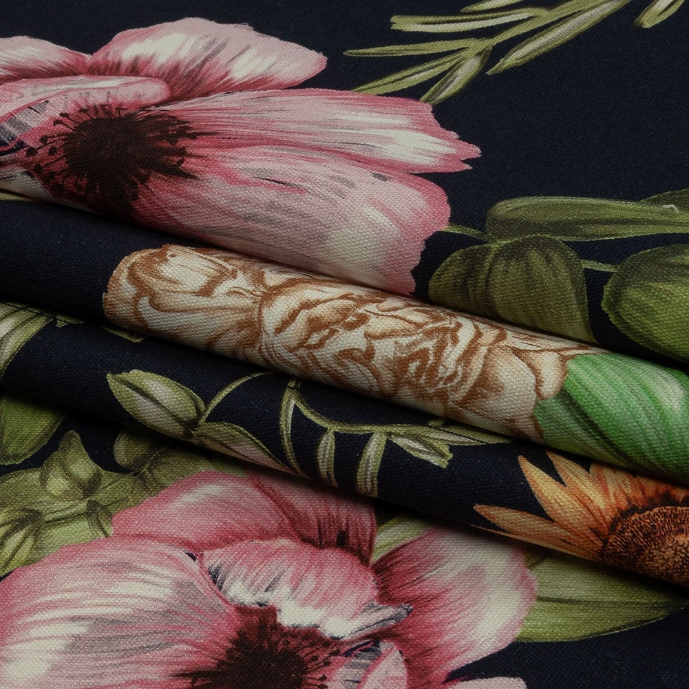 Stretch Cotton Canvas Print - Navy, Pink and Green Floral - Mood Exclusive Wonderland Garden