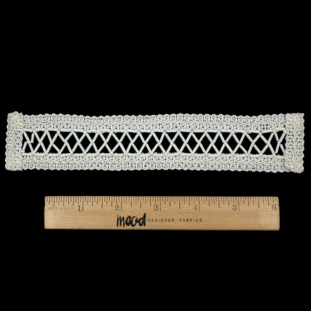 Vintage White and Ivory Lattice Window Rectangular Beaded and Braided Applique - 7.75" x 1.5" Full