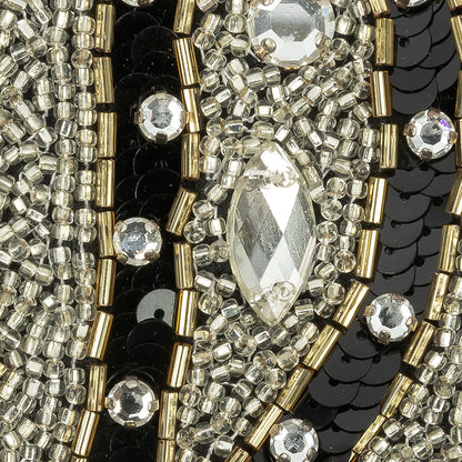 Vintage Black, Silver and Gold Right Paisley Beaded, Sequined and Rhinestone Applique - 5.25" x 3.75" Detail