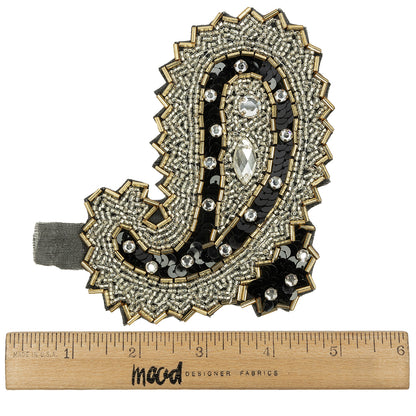 Vintage Black, Silver and Gold Right Paisley Beaded, Sequined and Rhinestone Applique - 5.25" x 3.75" Full