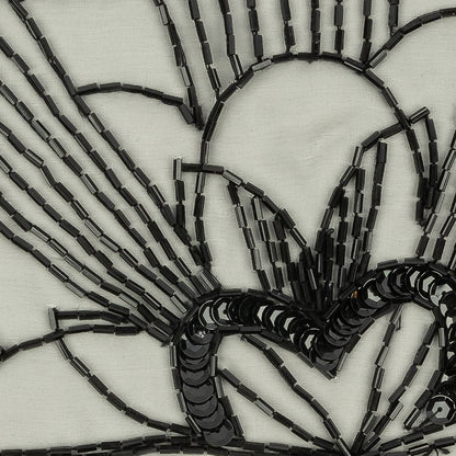 Vintage Black Floral Lines Right Glass Beaded Sheer Panel Applique - 7.5" x 6.75" Detail