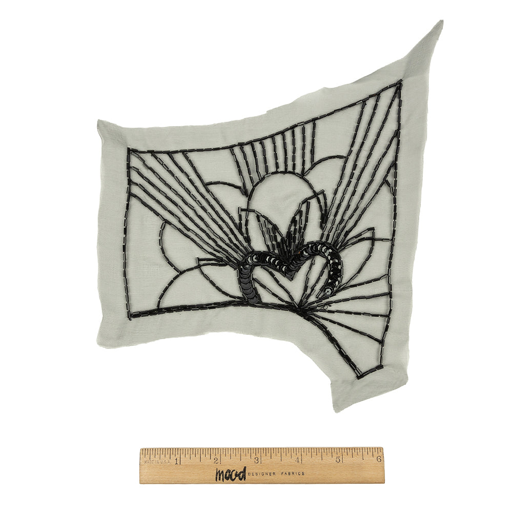 Vintage Black Floral Lines Right Glass Beaded Sheer Panel Applique - 7.5" x 6.75" Full