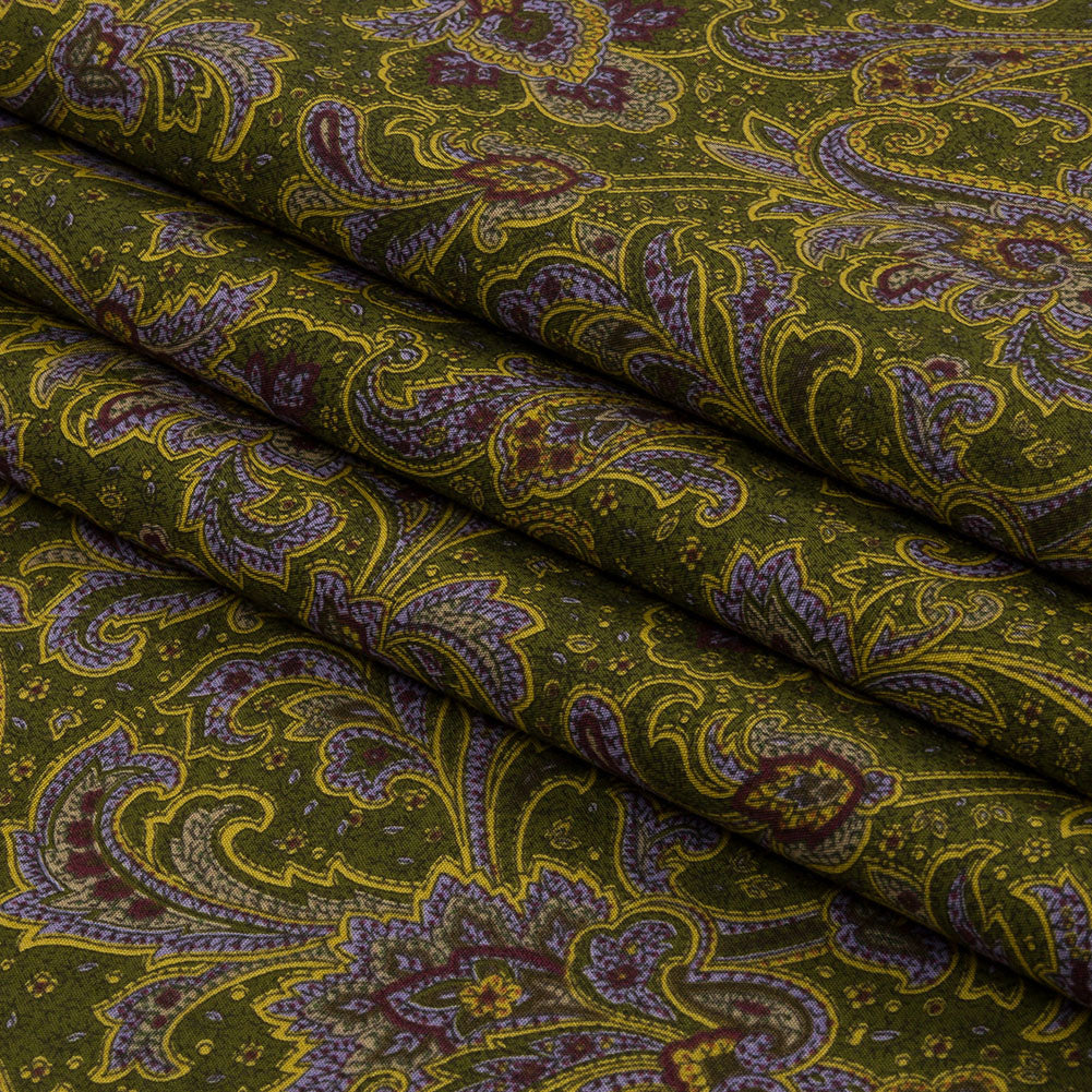 Japanese Moss, Yellow and Lilac Paisley Cotton Woven Folded