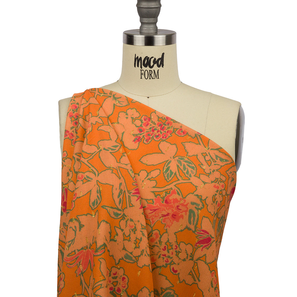 Crinkled Viscose Crepe Print with Metallic Dots - Orange Floral - Mood Exclusive Tree Line Trove Detail