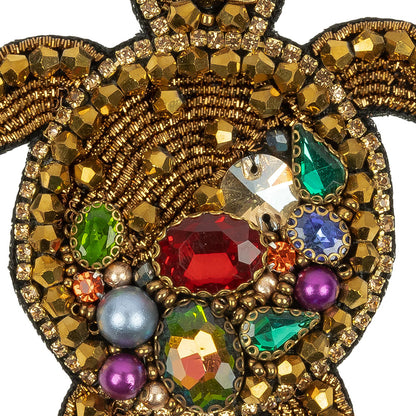 Metallic Gold and Multicolor Sea Turtle Rhinestones and Glass Beaded Applique - 3.5" x 2.88" Detail