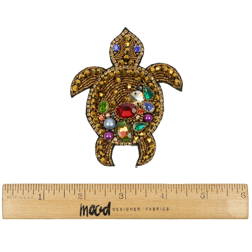 Metallic Gold and Multicolor Sea Turtle Rhinestones and Glass Beaded Applique - 3.5" x 2.88" Full