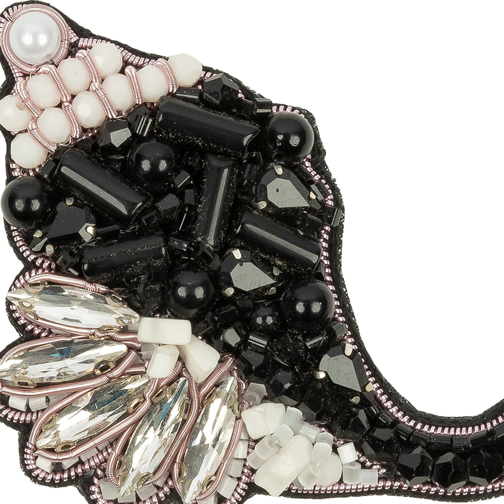Black, White and Silver Conch Shell Rhinestone and Glass Beaded Applique - 3.13" x 2.25" Detail