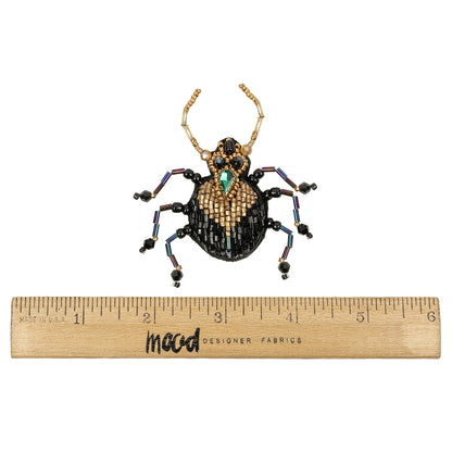 Black, Gold, and Iridescent Blue Beetle Rhinestone and Glass Beaded Applique - 2.88" x 2" Full
