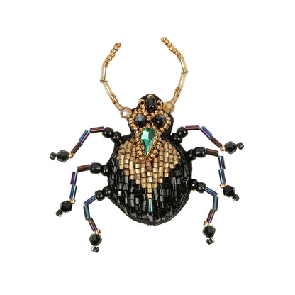 Black, Gold, and Iridescent Blue Beetle Rhinestone and Glass Beaded Applique - 2.88" x 2"