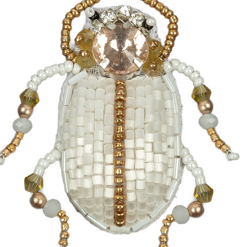 Metallic Gold and Satin White Beetle Rhinestone and Glass Beaded Applique - 2.25" x 2" Detail
