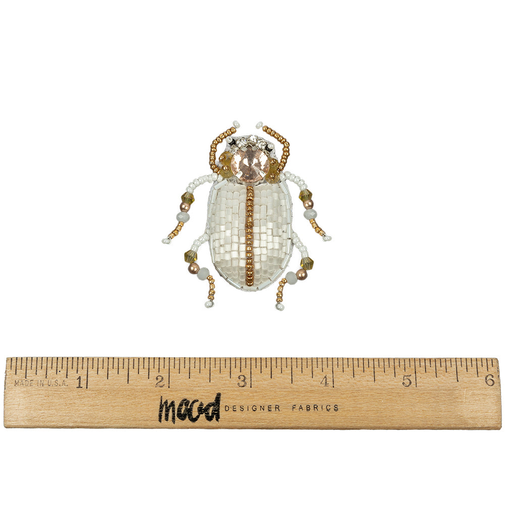 Metallic Gold and Satin White Beetle Rhinestone and Glass Beaded Applique - 2.25" x 2" Full