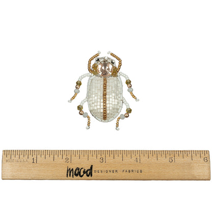 Metallic Gold and Satin White Beetle Rhinestone and Glass Beaded Applique - 2.25" x 2" Full